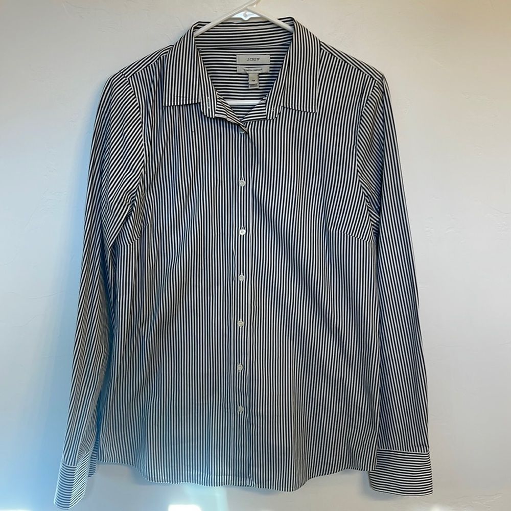 J. Crew Button Down Black and White Striped Shirt - Size M Tall